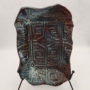 Handcrafted Artisan Mayan Inca Design Glazed Pottery Plate Fall Colors Abstract